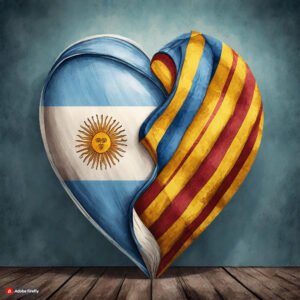 la bandera argentina y la bandera catalana entrelazadas formando un corazón