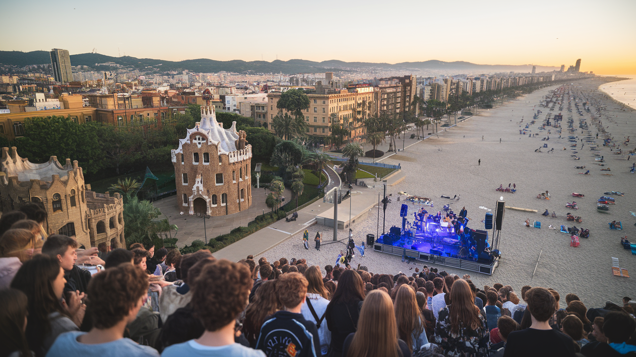 una imagen en la que se fundan un paisaje de Barcelona desde el aire hacia la playa tomando tambien la ciudad con varias personas jovenes mirando una banda de música en un concierto